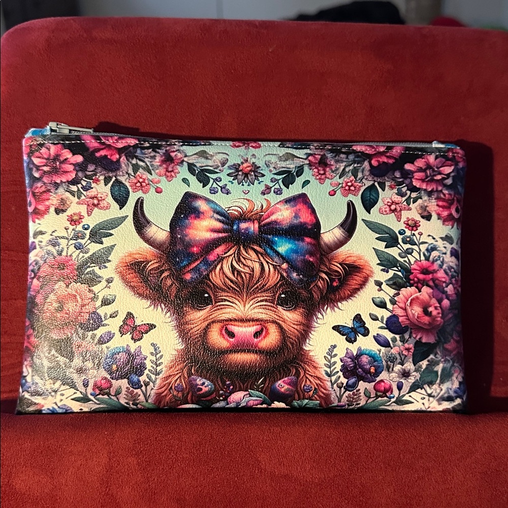 Hand Crafted Colorful Highland Cow Print Vinyl Pouch